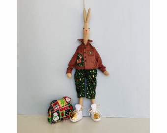 Elegant Christmas Tilda Bunny Doll in Exquisite Suit and Plush Bag - Handmade Cotton Stuffed Animal Toy for Home Decor and Holiday Gifts