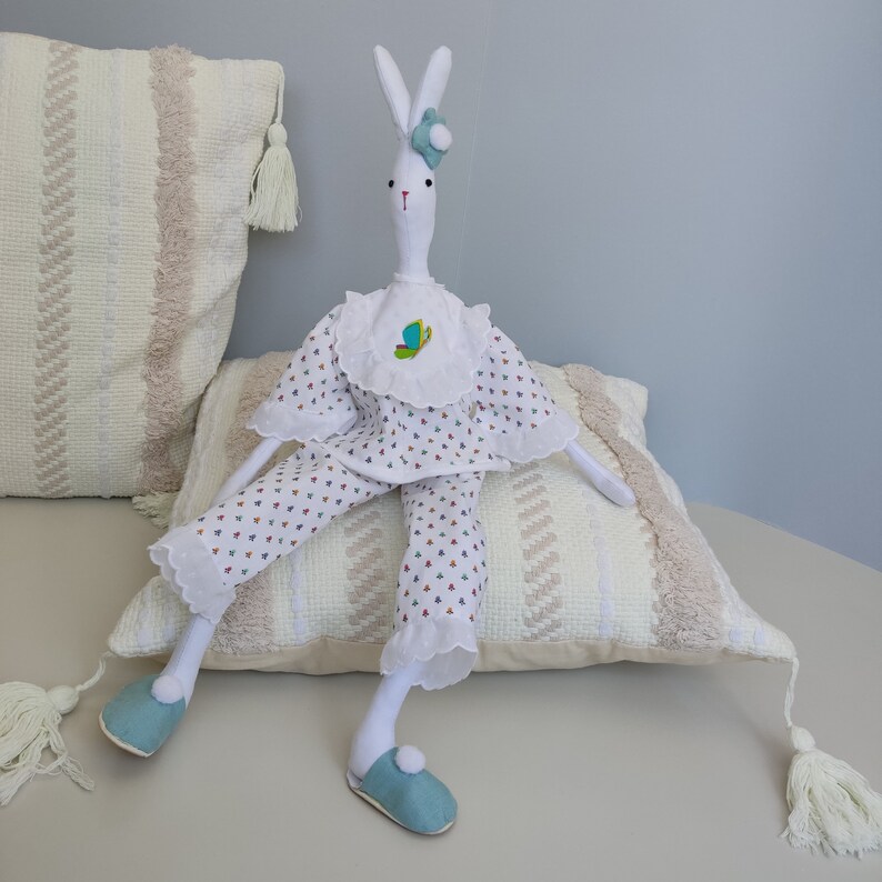 Bunny toy tilda Sleeper in pijamas and slippers handmade interior doll rabbit home decor bedroom kids image 8