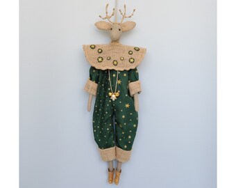 Christmas Deer Toy Wizard in festive jumpsuit with golden stars and pendant of shiny bells, Tilda Handmade Interior Doll Fawn, Home Decor