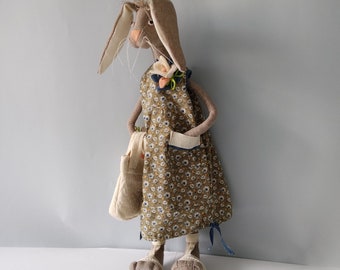 Handmade Bunny Tilda Doll Mistress with bag of carrots & Fancy Boho dress decorated with a big flower, Unique Home Decor, Easter rabbit gift