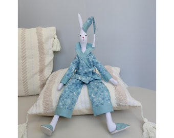 Bunny toy tilda Sleeper in pijamas with cap and slippers handmade interior doll rabbit home decor bedroom kids