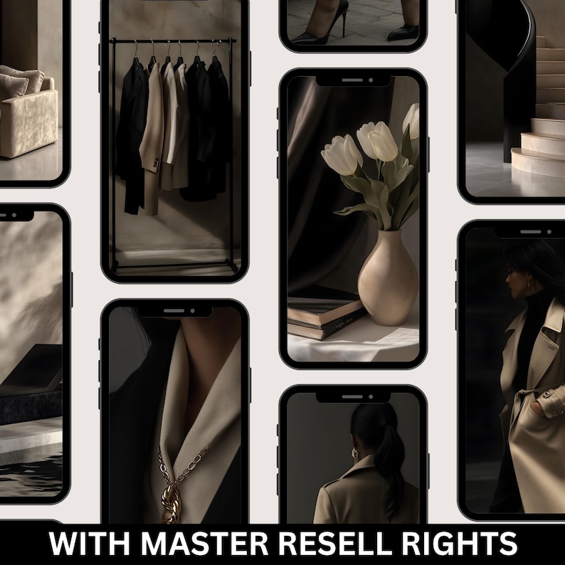 May include: A collection of nine digital images showcasing various styles and themes. The images include a rack of clothing, a bouquet of white flowers in a vase, a close-up of a fabric with a gold chain, a woman wearing a brown coat, and a woman wearing a brown dress.