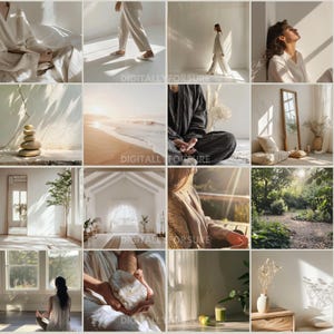 May include: A collage of images featuring various scenes of nature, interior design, and people practicing mindfulness. The images include a beach, a forest, a room with sunlight streaming through a window, and people meditating.