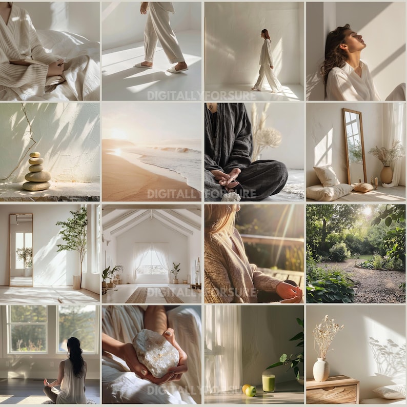 May include: A collage of images featuring various scenes of nature, interior design, and people practicing mindfulness. The images include a beach, a forest, a room with sunlight streaming through a window, and people meditating.