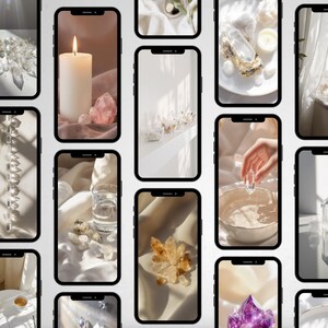 May include: A montage of smartphone images displaying crystals, candles, and spiritual items. The images feature crystals in various forms and colours, including pink, clear, and purple, arranged on soft, neutral-toned fabrics, creating a calming aesthetic.