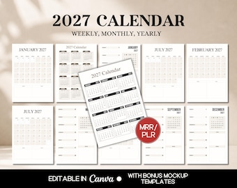 2027 Calendar Planner, Editable 2027 Planners Canva Canva Template, 2027 Done For You Planner Calendar Planners