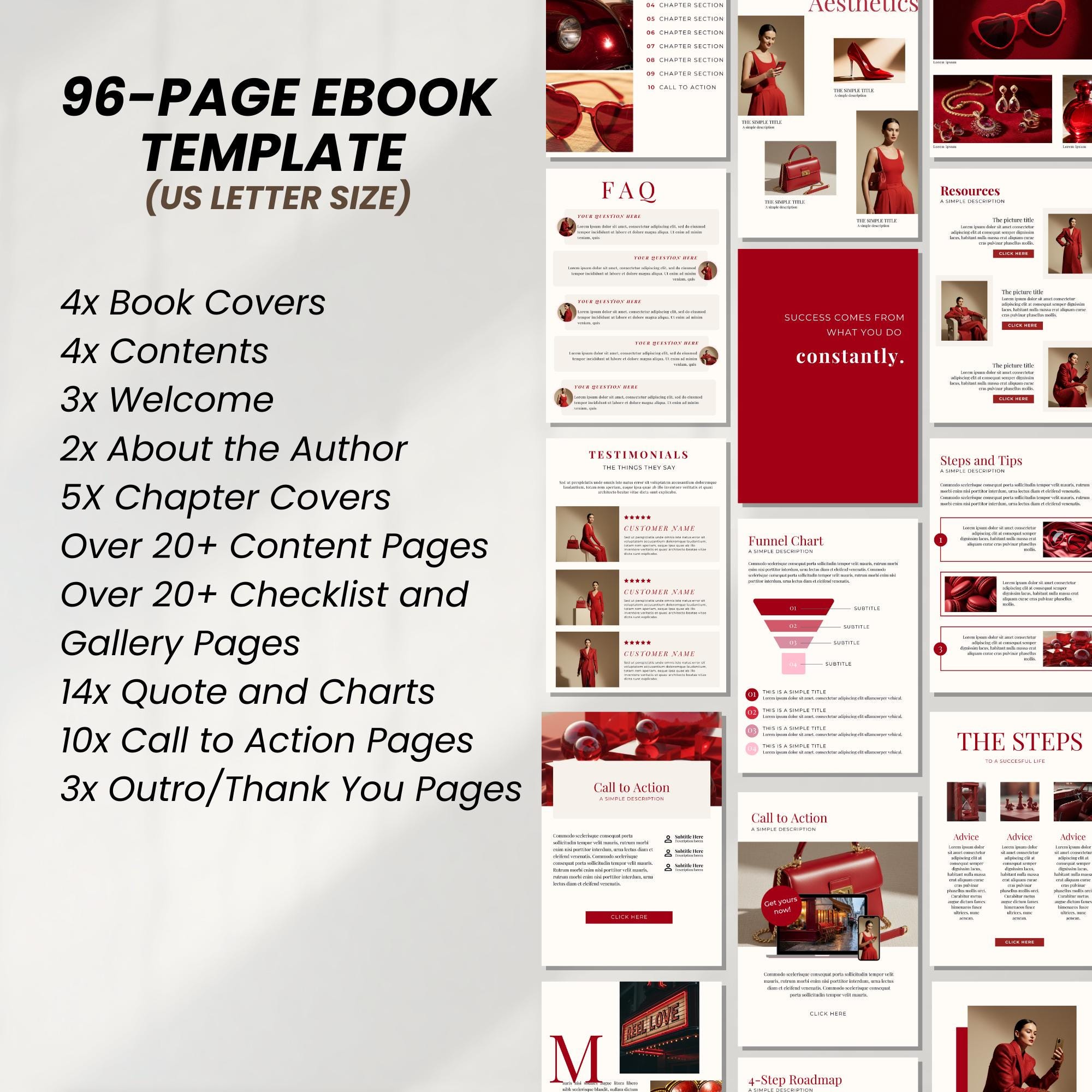 Red Editable Ebook Template, Modern Red Ebook, Aesthetic Red Ebook