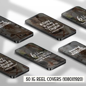 May include: 50 Instagram reel covers for social media marketing. The covers feature a variety of designs, including a woman in a white dress, a woman in a brown jacket, and a woman in a black and white dress. The covers also feature text such as "A Day in the Life of a Digital Entrepreneur", "6 Ideas to Grow on Social Media in 30 Days", and "Benefits of Faceless Marketing".