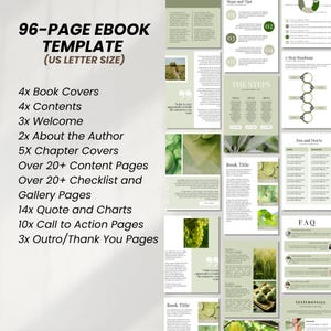 May include: A 96-page ebook template with a green and white color scheme. The template includes book covers, content pages, checklists, and more. The text "96-Page Ebook Template (US Letter Size)" is at the top of the image.