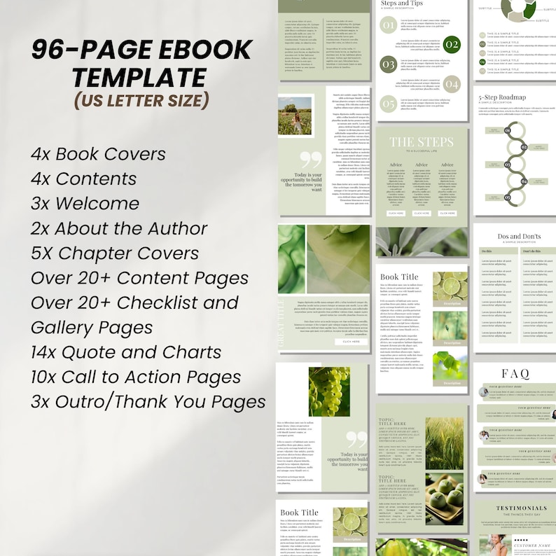 May include: A 96-page ebook template with a green and white color scheme. The template includes book covers, content pages, checklists, and more. The text "96-Page Ebook Template (US Letter Size)" is at the top of the image.