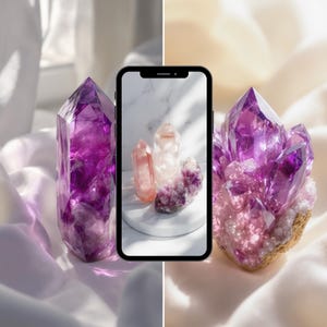 May include: A display of crystals in shades of purple and pink. A large, pointed amethyst crystal is on the left, with a cluster of crystals on the right. A smartphone in the centre shows a similar arrangement of crystals.