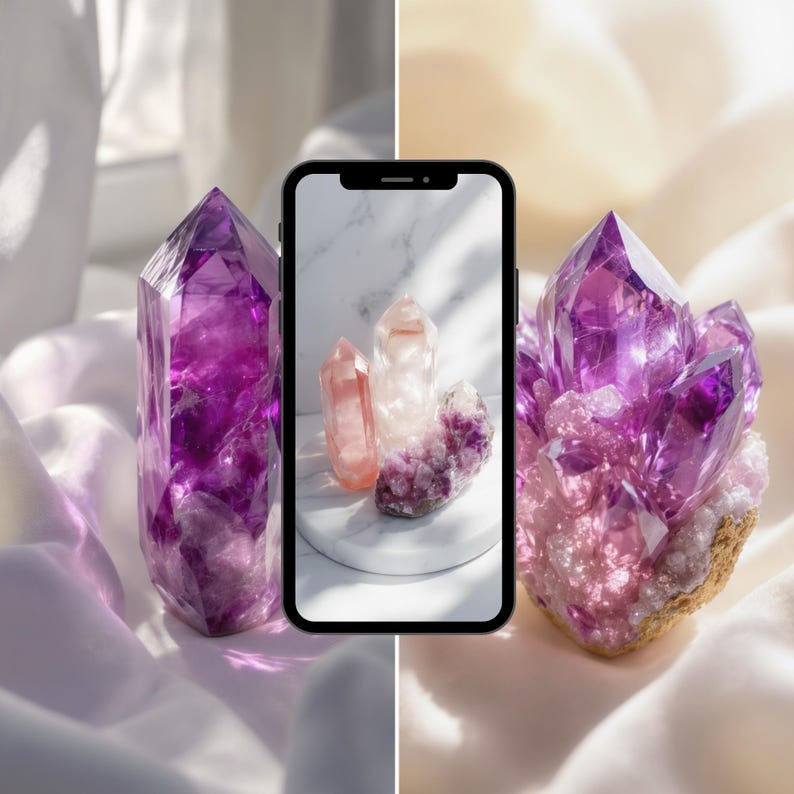 May include: A display of crystals in shades of purple and pink. A large, pointed amethyst crystal is on the left, with a cluster of crystals on the right. A smartphone in the centre shows a similar arrangement of crystals.