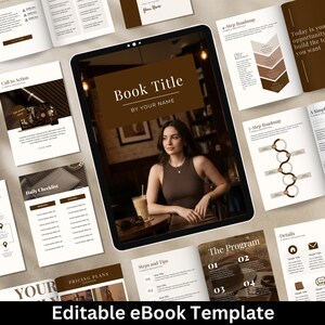 Könnte beinhalten: Eine editierbare eBook-Vorlage mit braunem und weißem Design. Die Vorlage enthält Seiten für einen Buchtitel, eine tägliche Checkliste, Preispläne und eine 4-Schritte-Roadmap. Das Bild zeigt auch eine Frau, die an einem Tisch mit einem Getränk sitzt.