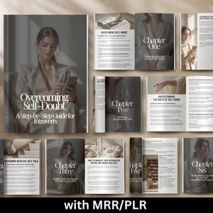Peut inclure: Une couverture de livre avec le titre "Vaincre le doute de soi : Un guide étape par étape pour les introvertis". La couverture présente une femme aux longs cheveux bruns regardant un téléphone. Le livre est divisé en six chapitres, chacun avec son propre titre et sa description.