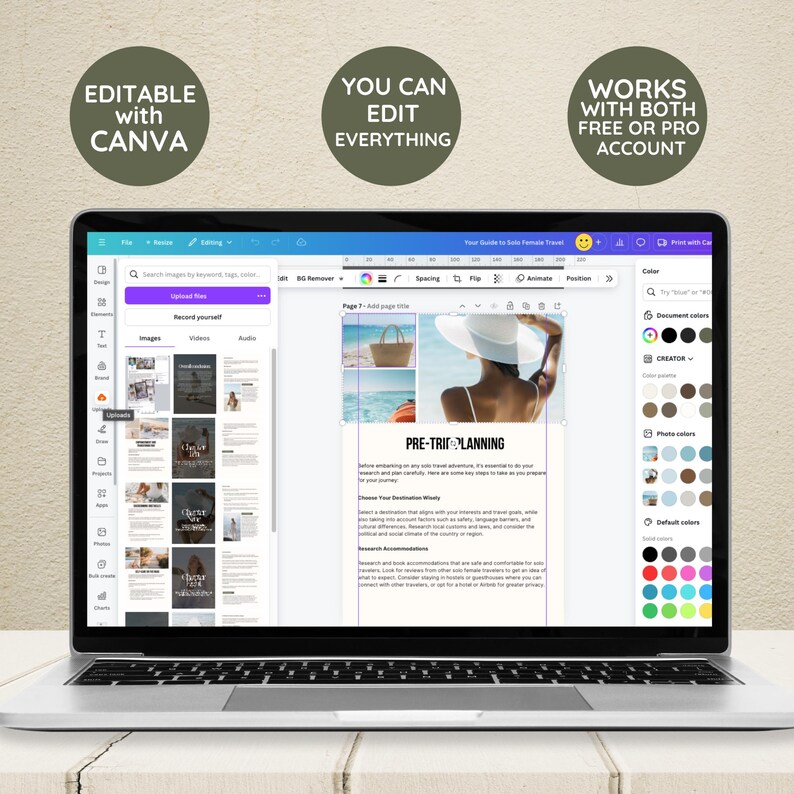 May include: A laptop screen displaying a Canva design template for a travel guide. The template includes a collage of photos, text, and a color palette. The text on the screen reads "Pre-Trip Planning".