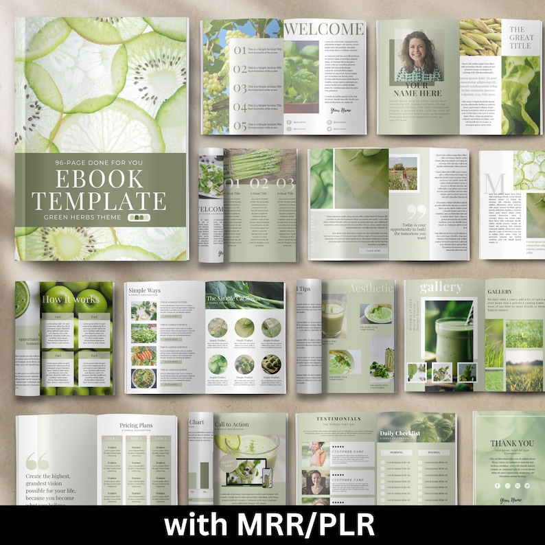 May include: A green and white ebook template with the title "96-Page Done For You Ebook Template Green Herbs Theme". The template includes pages for a welcome, how it works, simple ways, the secret, tips, aesthetic, gallery, pricing plans, chart, call to action, testimonials, daily checklist, and thank you.
