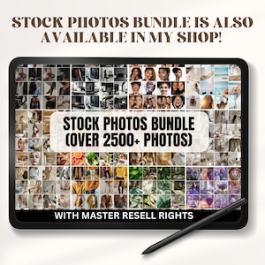 May include: A tablet screen displaying a collage of over 2,500 stock photos. The text "STOCK PHOTOS BUNDLE (OVER 2500+ PHOTOS) WITH MASTER RESELL RIGHTS" is displayed on the screen.