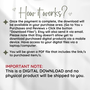 May include: A beige graphic with the text "How it works?" and instructions for downloading digital products from Etsy. The text explains the process, including accessing files via a laptop or computer, and notes that no physical product will be shipped.