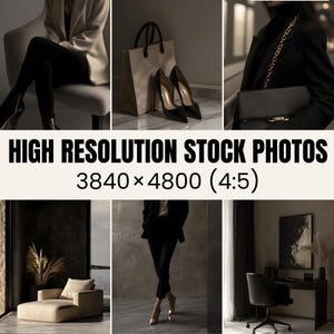 May include: A collage of three images featuring a woman wearing a black blazer and black pants, a beige tote bag with black handles, and a pair of black high heels. The text "HIGH RESOLUTION STOCK PHOTOS 3840 x 4800 (4:5)" is displayed at the bottom of the collage.