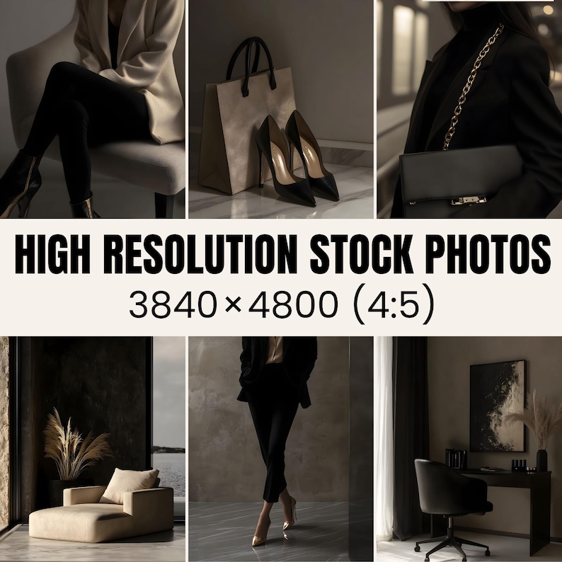 May include: A collage of three images featuring a woman wearing a black blazer and black pants, a beige tote bag with black handles, and a pair of black high heels. The text "HIGH RESOLUTION STOCK PHOTOS 3840 x 4800 (4:5)" is displayed at the bottom of the collage.