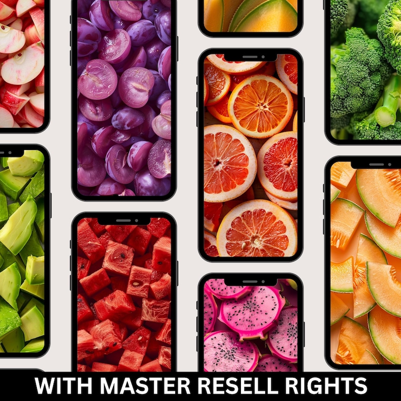 Puede incluir: Nueve fondos de pantalla de tel&eacute;fono diferentes que presentan im&aacute;genes de primer plano de varias frutas y verduras, incluyendo sand&iacute;a, uvas, aguacate, mel&oacute;n, fruta de drag&oacute;n, pomelo y br&oacute;coli.