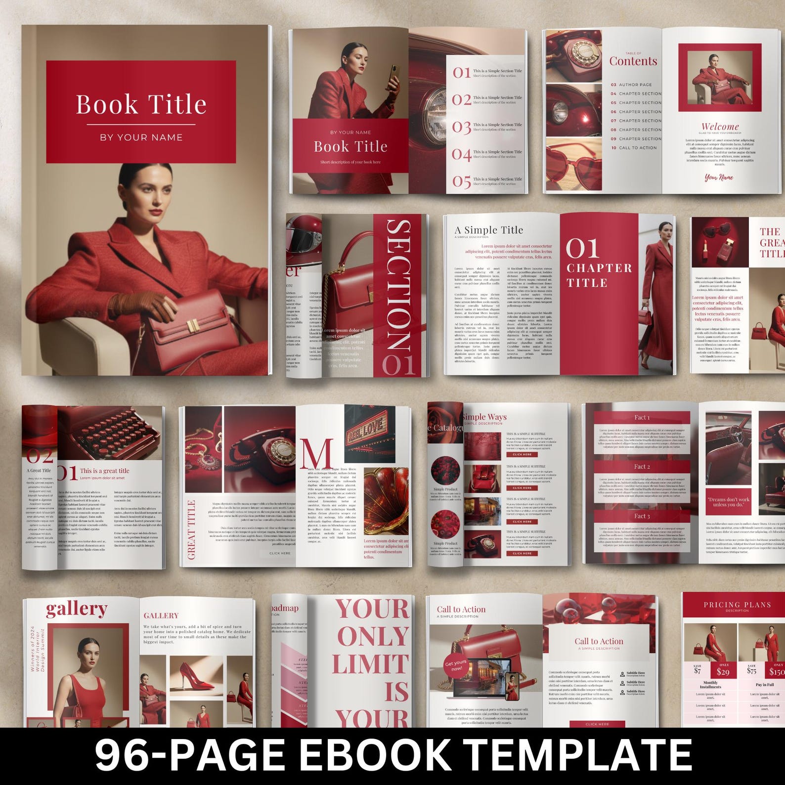 Red Editable Ebook Template, Modern Red Ebook, Aesthetic Red Ebook