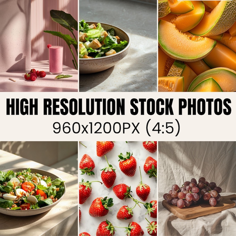 Puede incluir: Un collage de seis im&aacute;genes con diferentes alimentos. La fila superior muestra un batido rosa en un vaso, una ensalada con crutones y lechuga, y una pila de rodajas de mel&oacute;n cantalupo. La fila del medio presenta el texto "HIGH RESOLUTION STOCK PHOTOS 960x1200PX (4:5)". La fila inferior muestra un taz&oacute;n de ensalada con tomates y huevos, una superficie blanca con fresas rojas y una tabla de cortar de madera con un racimo de uvas.