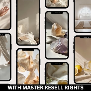 May include: A collage of nine images featuring various still life scenes with a minimalist aesthetic. The images include crystals, fabric, and light.