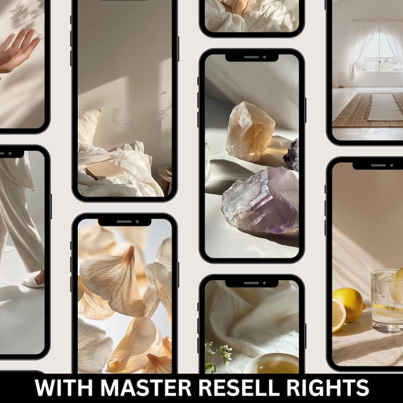 May include: A collage of nine images featuring various still life scenes with a minimalist aesthetic. The images include crystals, fabric, and light.