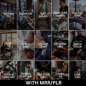 May include: A collage of 12 images featuring various business and marketing topics, each with a title and a tagline. The images are set against a backdrop of a man in a suit, a car, and a cityscape. The text includes phrases like "Master Digital Marketing", "Boost Your Brand", "Grow Your Business Online", "Get More Clients", "Sell Without Selling", "Automate Your Business Growth", "Secrets of Online Sales", "Dominate Social Media", "High Ticket Sales", "Winning Ads", "Get More Leads Today", and "With MRR/PLR".