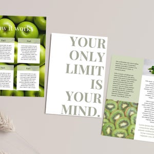 May include: A motivational poster with the text "Your Only Limit Is Your Mind." The poster is white with gray text and is surrounded by green apples and kiwi slices.