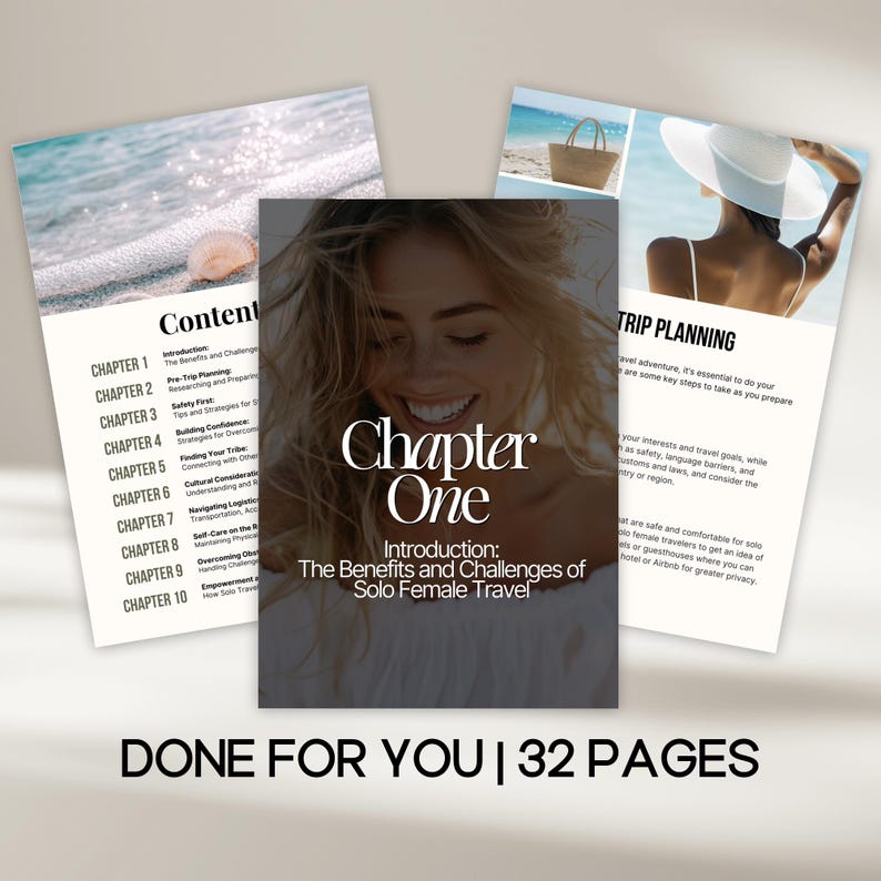 May include: A digital guide for solo female travel with a cover image of a smiling woman and the text "Chapter One: Introduction: The Benefits and Challenges of Solo Female Travel". The guide is 32 pages long and includes information on trip planning, safety, building confidence, and more.