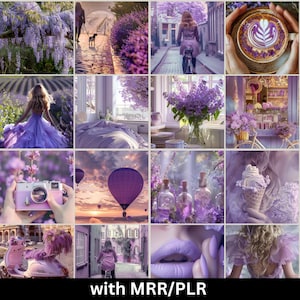 Puede incluir: Un collage de imágenes con flores moradas, una mujer en bicicleta, una taza de café, una cámara, globos aerostáticos, botellas de perfume, helado, un scooter y unos labios de mujer.