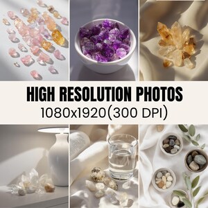May include: A selection of crystals in shades of pink, purple, and yellow, displayed on a white background. A white bowl contains purple amethyst crystals. The image includes the text "HIGH RESOLUTION PHOTOS 1080x1920(300 DPI)".