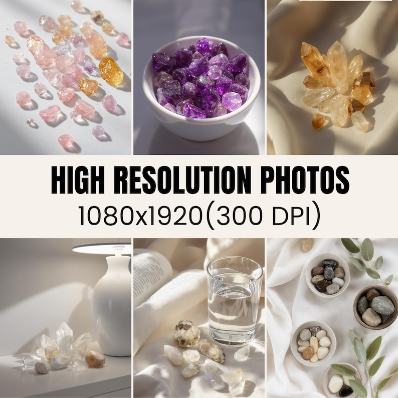May include: A selection of crystals in shades of pink, purple, and yellow, displayed on a white background. A white bowl contains purple amethyst crystals. The image includes the text "HIGH RESOLUTION PHOTOS 1080x1920(300 DPI)".