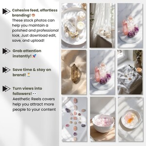 May include: Nine images of aesthetic stock photos with crystals, candles, and decorative items. The photos display clear quartz, rose quartz, and amethyst crystals on plates, fabric, and marble surfaces. Text on the left reads: 'Cohesive feed, effortless branding!'