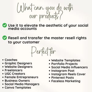 May include: A checklist of ways to use and resell digital products, including website templates, social media graphics, and Instagram post designs. The text reads "What can you do with our products?" and lists uses for coaches, graphic designers, website designers, freelancers, UGC creators, female entrepreneurs, business owners, social media managers, and Canva templates.