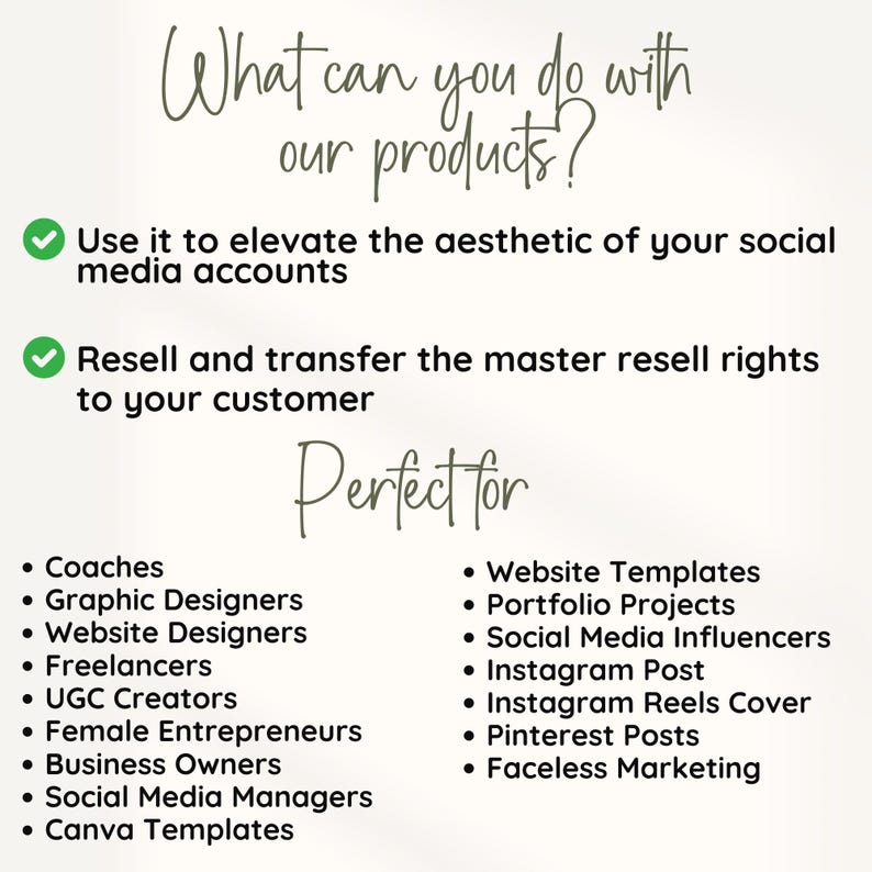 May include: A checklist of ways to use and resell digital products, including website templates, social media graphics, and Instagram post designs. The text reads "What can you do with our products?" and lists uses for coaches, graphic designers, website designers, freelancers, UGC creators, female entrepreneurs, business owners, social media managers, and Canva templates.