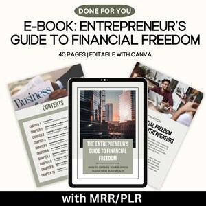Pode incluir: Uma maquete de produto digital para um e-book intitulado "O Guia do Empreendedor para a Liberdade Financeira: Como Otimizar o Orçamento do Seu Negócio e Construir Riqueza". A capa do e-book apresenta uma cidade ao pôr do sol e o texto "40 páginas | Editável com Canva".