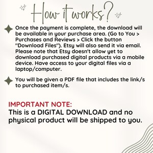 Puede incluir: Texto que explica c&oacute;mo funcionan las descargas digitales en Etsy. El texto dice "&iquest;C&oacute;mo funciona?" y explica que una vez que el pago se complete, la descarga estar&aacute; disponible en el &aacute;rea de compra. Tambi&eacute;n dice que Etsy enviar&aacute; la descarga por correo electr&oacute;nico. El texto tambi&eacute;n dice que Etsy a&uacute;n no permite descargas a trav&eacute;s de dispositivos m&oacute;viles. El texto tambi&eacute;n dice que se proporcionar&aacute; un archivo PDF que incluye el enlace al art&iacute;culo comprado. El texto tambi&eacute;n dice "NOTA IMPORTANTE: Esta es una DESCARGA DIGITAL y no se enviar&aacute; ning&uacute;n producto f&iacute;sico."
