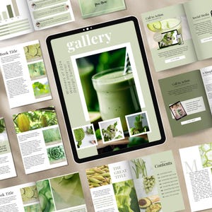 May include: A digital tablet displaying a gallery of images related to interior design. The images feature green smoothies, plants, and other natural elements. The text on the tablet reads "Winners of 2024 World Interior Design Summit" and "gallery".