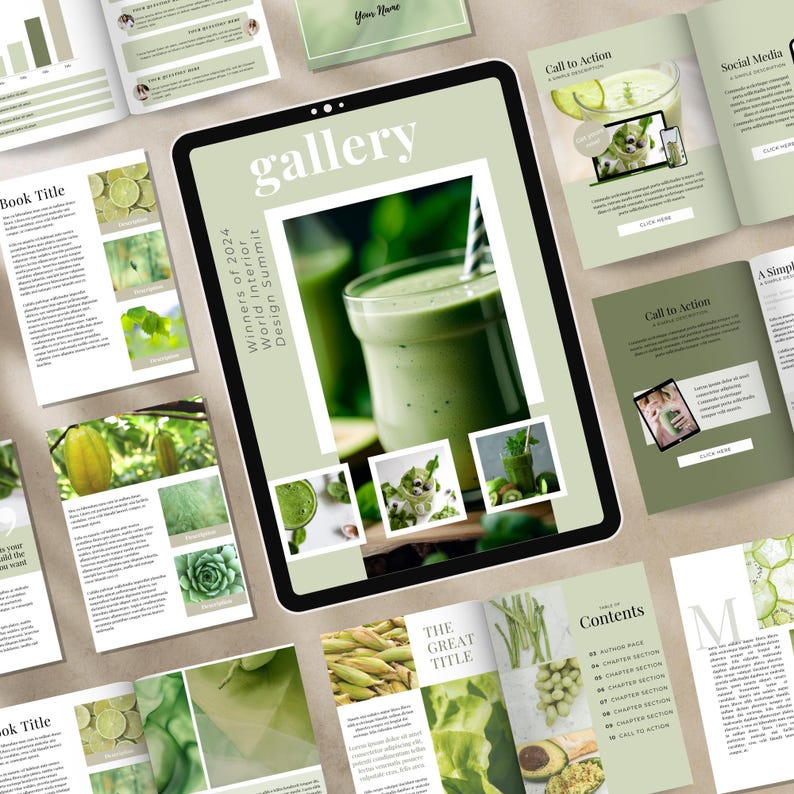 May include: A digital tablet displaying a gallery of images related to interior design. The images feature green smoothies, plants, and other natural elements. The text on the tablet reads "Winners of 2024 World Interior Design Summit" and "gallery".