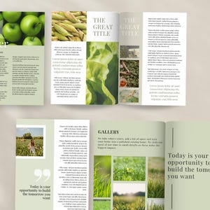 May include: A green and white brochure with the title "The Great Title" and a gallery of images of nature. The text "Today is your opportunity to build the tomorrow you want" is featured on the brochure.