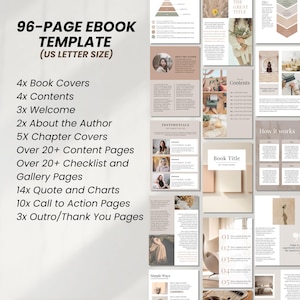 May include: A 96-page ebook template in US letter size with a beige and brown color scheme. The template includes book covers, contents pages, welcome pages, about the author pages, chapter covers, content pages, checklist and gallery pages, quote and chart pages, call to action pages, and outro/thank you pages.