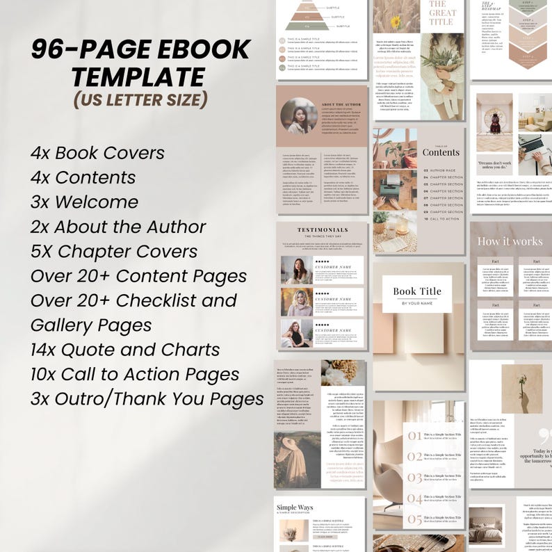 May include: A 96-page ebook template in US letter size with a beige and brown color scheme. The template includes book covers, contents pages, welcome pages, about the author pages, chapter covers, content pages, checklist and gallery pages, quote and chart pages, call to action pages, and outro/thank you pages.