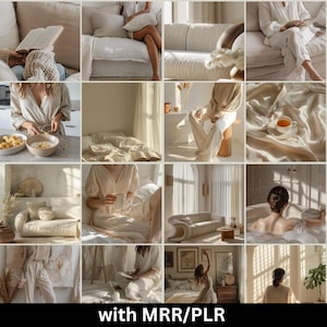 May include: A collage of images featuring various interior design elements, including couches, chairs, and bedding, all in a neutral color palette of white and beige. The images showcase a minimalist and modern aesthetic.