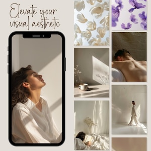 May include: A collage of images featuring a woman with long brown hair wearing a white shirt, a cup of coffee on a white saucer, a person lying on a bed, a person standing in a room, and a close-up of white flowers.