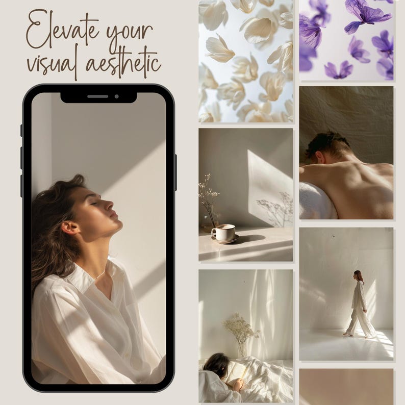 May include: A collage of images featuring a woman with long brown hair wearing a white shirt, a cup of coffee on a white saucer, a person lying on a bed, a person standing in a room, and a close-up of white flowers.