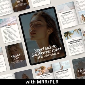May include: A digital product cover with a woman's face on the front. The cover is titled "Your Guide to Solo Female Travel: Explore with Confidence". The cover also includes the text "Chapter One: Introduction: The Benefits and Challenges of Solo Female Travel".
