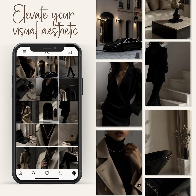 May include: A collage of images on a phone screen, featuring a black car, a woman in a black blazer, a woman in a beige coat, and a black and white photo of a woman in a black turtleneck. The text "Elevate your visual aesthetic" is at the top of the screen.